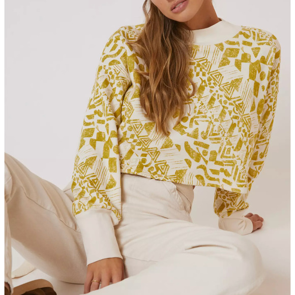 NWT Anthropologie Amadi Printed Crop Sweatshirt Chartreuse size Large - Picture 1 of 13